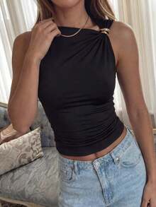 Fashionable Versatile Metal Decor Asymmetric Design Sleeveless Women Tank Top, New Spring/Summer Outerwear - Negro - Ver 5
