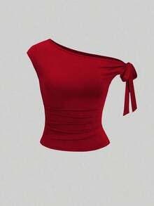 Camiseta ajustada de mujer talla grande de unicolor y cuello asimétrico, para verano - Multicolor 7 - Ver 3
