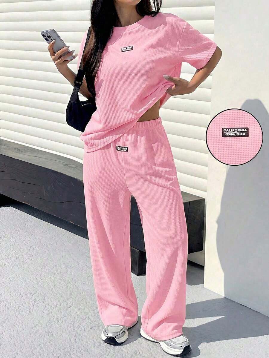Conjunto informal de camiseta holgada y pantalones con textura mostaza para mujer - Rosa Pálido - Ver 1