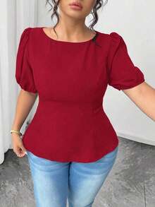 Blusa casual de manga corta con lazo y espalda abierta, unicolor, para mujer talla grande, verano - Burdeos - Ver 4