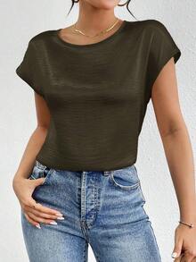 holgada y elegante casual con detalles metálicos en los hombros, blusa plisada de satén sólido de manga tipo murciélago para mujeres - Marrón 2 - Ver 7