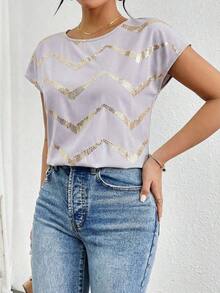 Blusa de mangas tipo murciélago de satén de unicolor, blusas de manga corta - Gris Claro - Ver 3