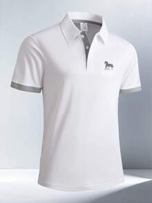 1件男士夏季對比領馬匹印花 Polo 衫，冰絲快乾透氣商務休閒通勤上衣 - 白色 - 查看 6
