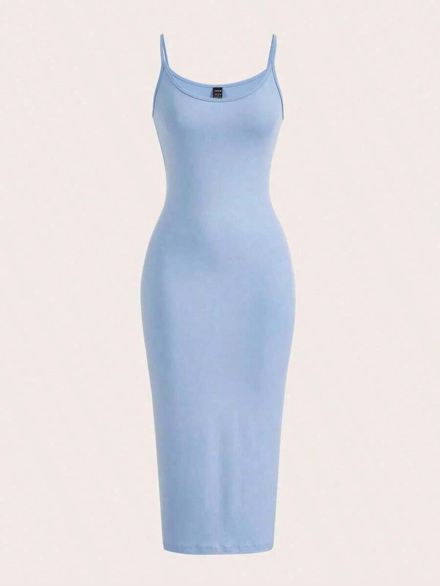 BASICS Vestido casual de cena y citas de unicolor con tirantes de espagueti y silueta ajustada - Celeste - Ver 1