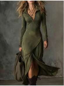 Vestido vintage con solapa y cremallera de ciervo del oeste - Verde Oliva - Ver 7