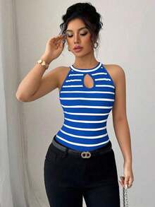 Camiseta ajustada y sexy con diseño hueco y cuello halter a rayas para mujeres - Azul - Ver 5
