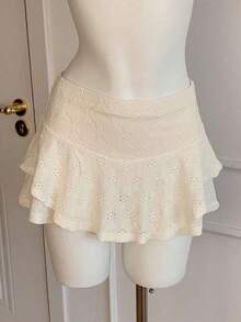 Culotte de mujer de cintura elástica y bajo con volantes de unicolor - Blanco - Ver 6
