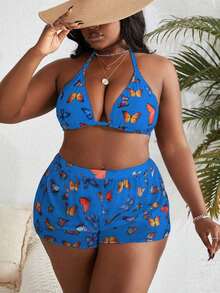 Conjunto de bikini de 3 piezas con estampado de mariposa para mujer de talla grande, para playa de verano - Multicolor 3 - Ver 3