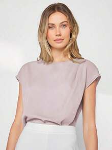 Blusa de mujer con mangas de murciélago asimétricas, de unicolor, estilo básico urbano de viaje, moda elegante y sencilla para negocios casuales, adecuada para maestras y uso en la oficina - Gris - Ver 5