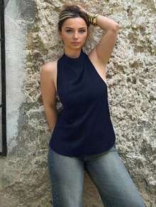 Blusa negra ajustada de estilo casual y elegante para la temporada de primavera/verano, con cuello asimétrico, sin mangas, escote halter, espalda descubierta y decoración de lazo - Azul marino - Ver 7
