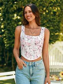 Top corto de punto con estampado de vacaciones para mujer - Blanco - Ver 7