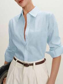 2026 Nueva Camisa Básica Versátil y Elegante para Mujer con Botones Delanteros y Cuello Mao en Color Azul Claro, Adecuada para Ir al Trabajo, Uso Diario, Estilo Retro de los 90, Navidad, Año Nuevo, Fiesta de San Valentín, Playa, Graduación, Moda, - Celeste - Ver 8