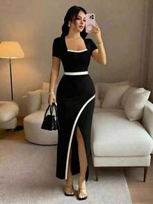 YHHRafferiza Nuevo vestido de Body ceñido con cuello cuadrado elegante y abertura en la cintura, estilo europeo y americano para mujeresYHH - Blanco y Negro - Ver 12
