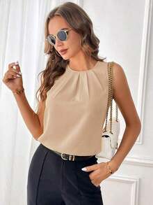 Clasi Blusa sin mangas con detalle de pliegues y escote de ojo de cerradura, blusas sin mangas - Caqui - Ver 6
