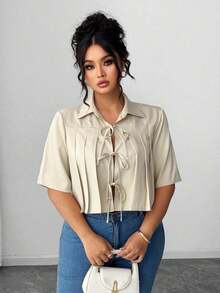 Blusa elegante corta con pliegues y lazo delantero para mujer - Camel - Ver 6