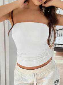 sin tirantes básica sexy de talla grande para mujer Vaiaye, top bandeau ajustado de unicolor y elástico, adecuado para todas las estaciones, ideal para el Día de San Valentín y el verano blanco - Blanco - Ver 2