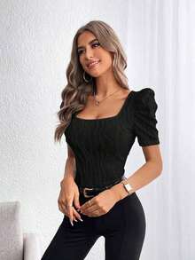 Privé Camiseta De Cuello Cuadrado Y Manga Corta Ajustada Con Textura - Negro - Ver 5