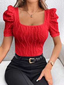 Privé Camiseta de cuello cuadrado de manga farol - Rojo - Ver 7