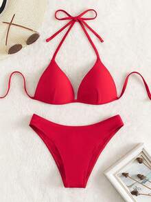 Conjunto de bikini liso, sujetador push up y parte inferior de bikini, traje de baño de 2 piezas - Rojo - Ver 9