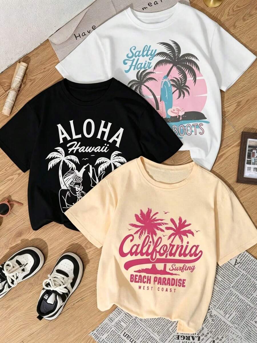 Graphic Tees, Single Garment, Not A 3-Piece Set. 1 Piece/Set Of Short-Sleeved Tees Suitable For Streetwear. Oversized Crew Neck Top For Daily Outings, Camping, Concerts, Hip-Hop, Rock, And Rap Events. Women's Vacation Tee, Loose Fit, Short Sleeves, Crew Neck, Lightweight And Breathable, Printed With "ALOHA", "ISLAND TIME", "TAKE ME TO THE MOUNTAINS", Etc. Bohemian Casual Tees, Suitable For Beach Trips, Camping, Summer Outings, Picnics, And Everyday Wear. - 白色 - 查看 1