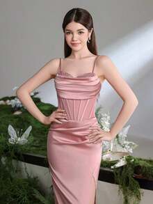 Elegante vestido formal de sirena con tirantes finos, abertura alta y drapeado para mujeres - Rosa vieja - Ver 7