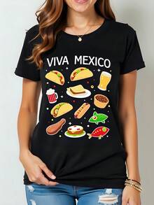 180g Cotton T-Shirt, Round Neck, Viva Mexico Print, Mexican Food, Tacos, Beer, Fishing, Summer Fashion 2023, Short Sleeves, Casual, Party, Fun Style, Ideal Gift For Mexican Culture Fans - 黑色 - 查看 1