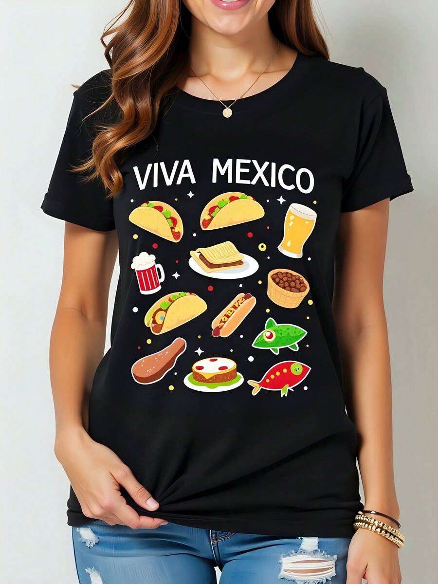 180g Cotton T-Shirt, Round Neck, Viva Mexico Print, Mexican Food, Tacos, Beer, Fishing, Summer Fashion 2023, Short Sleeves, Casual, Party, Fun Style, Ideal Gift For Mexican Culture Fans - 黑色 - 查看 1