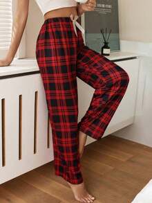 Pantalones de pijama holgados con lazo y estampado de cuadros para mujer, otoño e invierno - Rojo - Ver 3