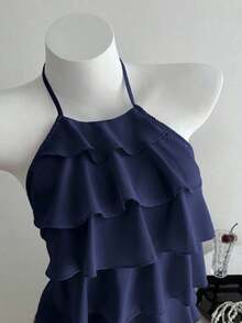 Blusa casual de mujer con cuello de volantes en capas de unicolor - Azul marino - Ver 4