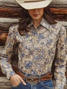 Camisa de moda casual de estilo retro bohemio con estampado, de manga larga, adecuada para uso casual, vacaciones y temporada de verano, elegante parte superior para primavera - Multicolor - Ver 5