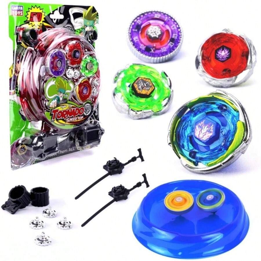 Brinquedo 4 Pião Com Metal Led + 2 Lançador + Arena,Com Led Super Rápida Pronta Para Batalha +Arena Clash de Combate - Azul - Visão 1