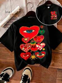Playera unisex de manga corta y cuello redondoPlayera con diseño de ojos adentro de corazones, estampado, casual, cuello redondo, manga corta, ideal para todos los días, llamativa, moderna, holgada, a la moda, ideal para tí.2026 - Negro - Ver 1