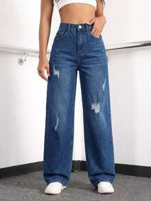 Straight Cut High Waist Jeans Minimalist And Timeless Style. - Navy Blue H2KA03 - View 11