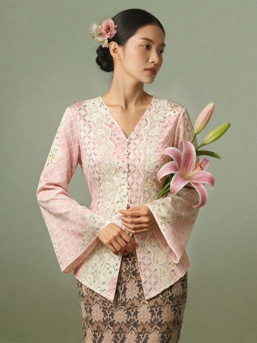 經典女款馬來西亞傳統娘惹服飾,優雅刺繡印花收腰長袖上衣,香檳色 - 粉色 - 查看 1