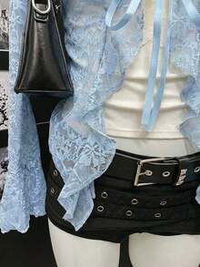 Blusa de mujer con cuello en V de encaje y ribete de encaje en contraste - Azul - Ver 3