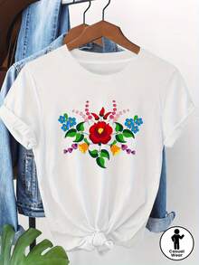 Camiseta con Estampado Floral Folclórico, para Mujer, Primavera-Verano, Manga Corta, Cuello Redondo, Casual, para Salidas Diarias, Temporada de Intercambio Cultural, Camiseta de Algodón para Familia Coordinada - Blanco - Ver 3