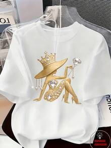 Elegant And Luxurious High-End Outfit With A Touch Of Temperament - Women's Printed T-Shirt - Feminine Design Adorned With Pearls And Crystals | Lightweight Luxury, Gorgeous Everyday Wear | Soft And Breathable Fabric, Casual Spring/Summer Round Neck Short Sleeve T-Shirt - 白色 3 - 查看 8