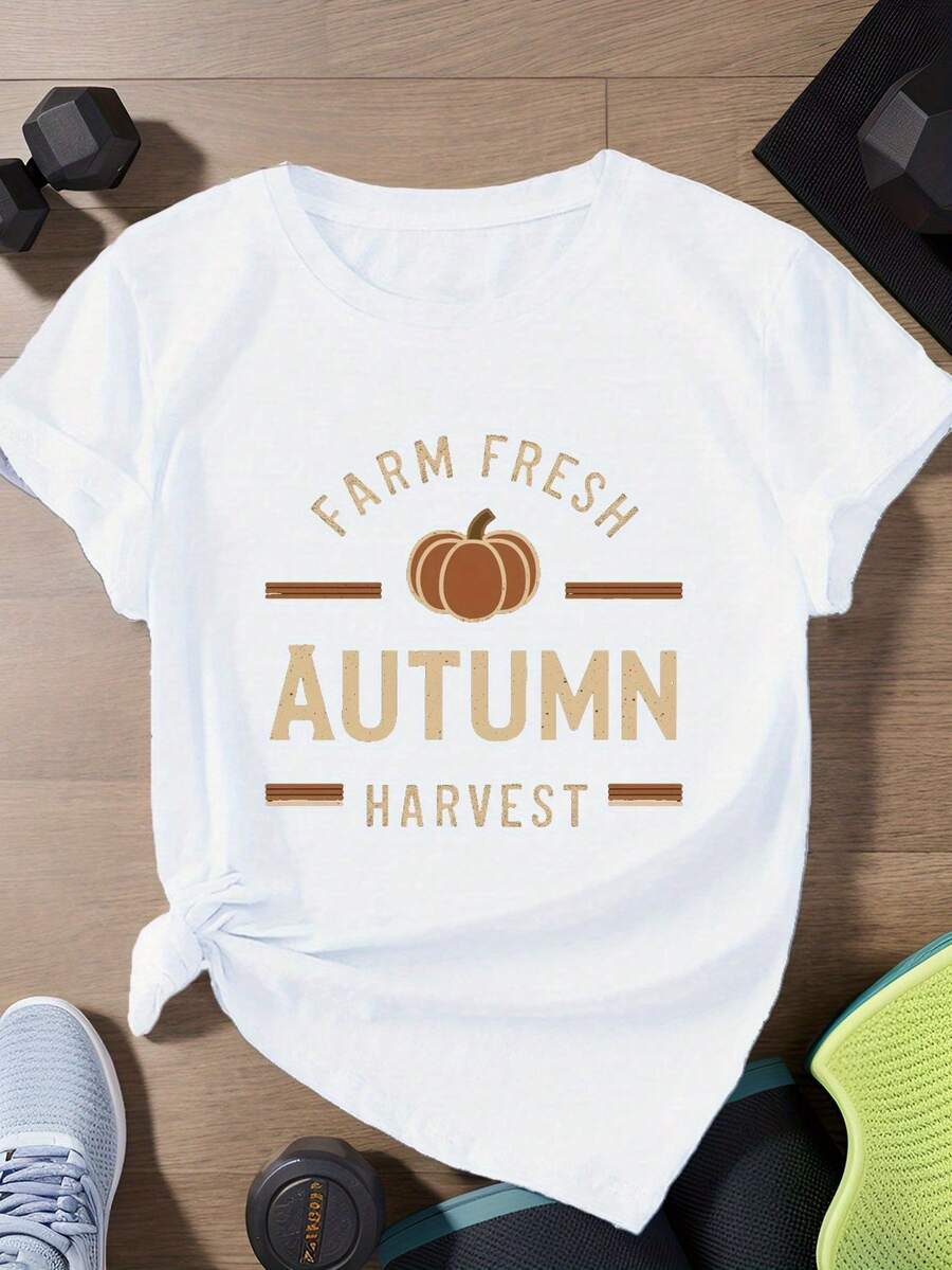 Women's Short Sleeve Sports T-Shirt With Autumn Pumpkin Illustration - A Very Distinctive Printed T-Shirt / Unisex Style / Suitable For Both Men And Women / Wrinkle-Resistant / Breathable - 白色 - 查看 1