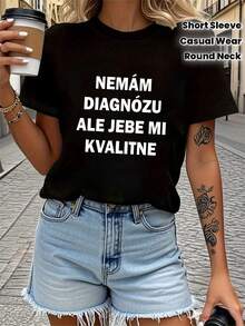 1 camiseta en idioma eslovaco con el texto "No tengo diagnóstico, pero me siento extremadamente incómoda." Camiseta de manga corta para mujer, cuello redondo, primavera/verano, 180g, 100% algodón. - Negro - Ver 2