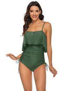Traje de baño de una pieza para niña, de color sólido, sexy, con tirantes grandes y volantes. - Azul - Ver 8