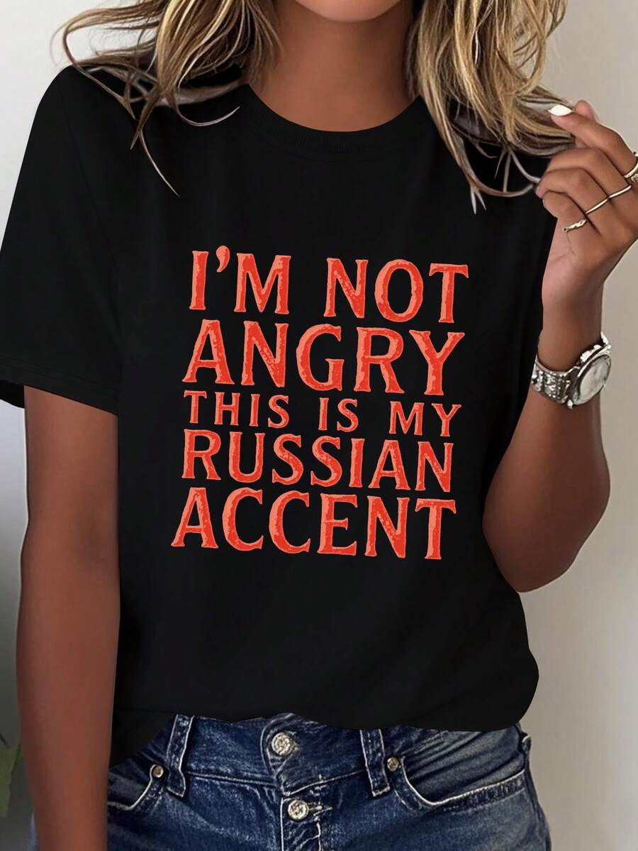 Comfortable Women's T-Shirt With Humorous Text And Russian Accent - Black - View 1