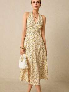 Vestido con espalda descubierta de cuello halter, cintura fruncida y estampado floral diminuto amarillo, adecuado para vacaciones - Multicolor - Ver 2