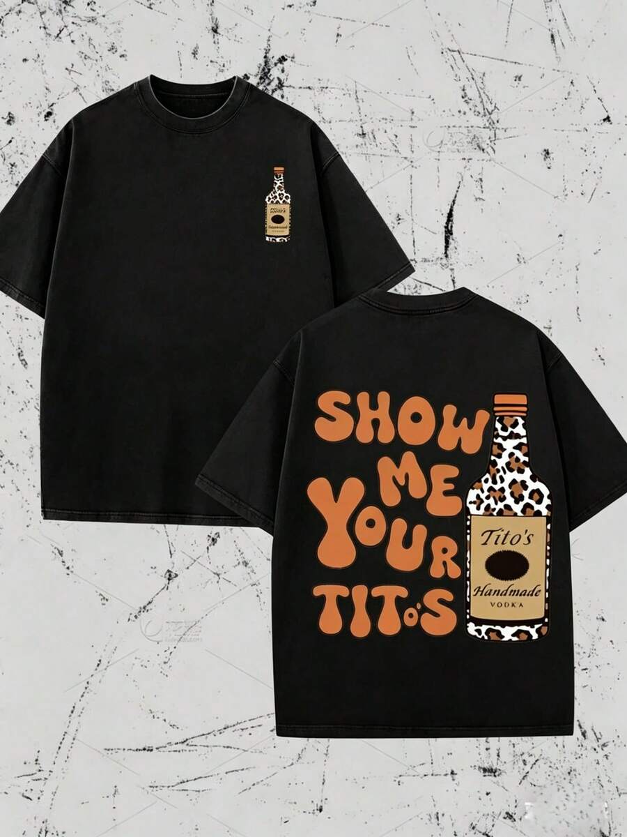 Camiseta gráfica informal de corte holgado para mujer con la frase "Show Me Your Tito's", transpirable y cómoda, de manga corta y cuello redondo, diseño de Tito's Vodka con estampado de leopardo negro, de algodón suave, perfecta para uso diario y estilo callejero de despedida de soltera. - Negro - Ver 1