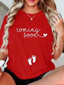 Casual 100% Cotton T-Shirt For Pregnancy Announcement - Pregnant Mom T-Shirt To Announce Your Pregnancy - Comfortable Cotton Print Women's Clothing - 紅色 - 查看 2