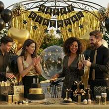16th Birthday Black Gold Birthday Decorations For Women Girls, 57PCS Gold Black Balloons Happy Birthday Balloons Banner Heart Balloons Bow Bobo Balloons Fringe Curtains For Birthday Party Decoration Room Decor - Sinh nhật thứ 16 - Xem 2