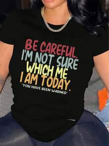 Camiseta Estampada para Mujer TEN CUIDADO - Camiseta Casual de Manga Corta y Cuello Redondo en Negro, Diseño Colorido, Corte Relajado para Todas las Estaciones. Perfecta para Uso Diario y Atuendos de Vacaciones (Lavable aáquina). - Negro - Ver 6