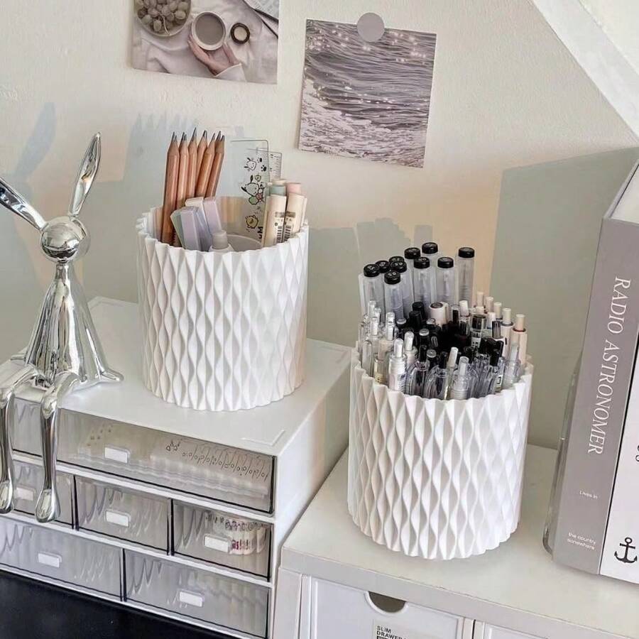 1pc 360° Rotating Pen Holder, Makeup Brush Holder, Pen Cup, 5-Compartment Desktop Storage Box, Suitable For Desktop Supplies And Accessories, Office And Home Small Item Storage School Supplies - Round - View 1