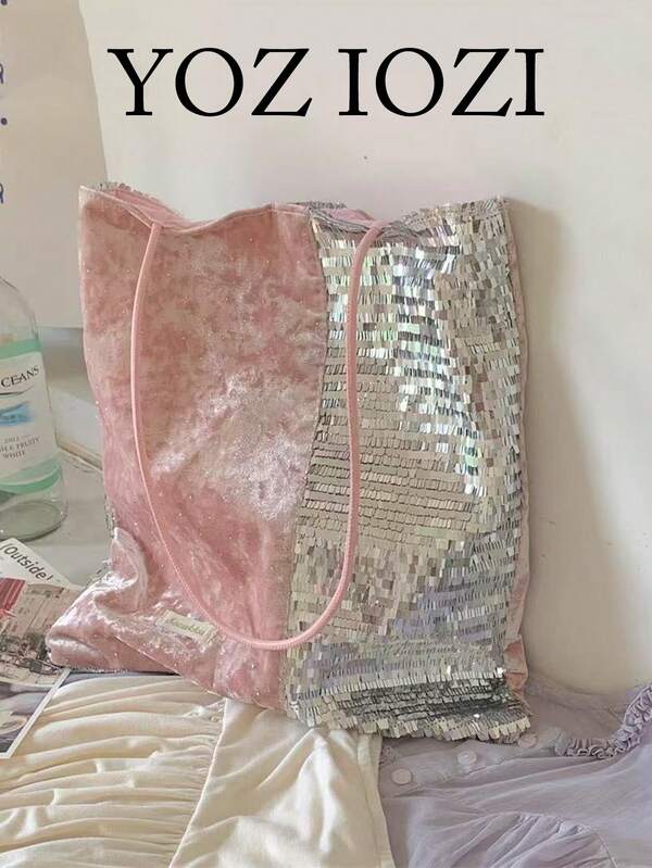 Korean Style Glitter Sequin Pink & Silver Patchwork Niche Design Ins Style Large Capacity Velvet Spliced Tote Bag For Commuting, Outing, Daily Shopping, Shoulder Slouchy Handbag