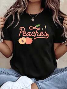 Nueva camiseta de moda para mujer con estampado de fruta de melocotón, manga corta, top casual de verano, tela cómoda, excelente opción de regalo, 200 gramos - Camiseta unisex de estilo callejero vintage, corte holgado, de algodón puro, manga corta y cuello redondo. - Negro - Ver 7