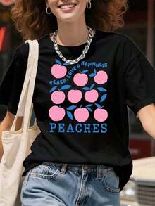 FashionNEW Camiseta con Estampado de Melocotón "Love and Happiness" para Mujer, Top Casual de Verano, Camiseta con Estampado de Frutas, Ropa Urbana para Chicas - Estilo Vintage Urbano, Unisex, Corte Holgado, Algodón Puro, Manga Corta, Cuello Redondo. - Negro - Ver 7